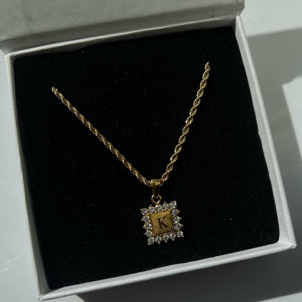 16” 18K Gold plated initial “K” Letter Icy Pendant Rope Necklace Women’s gift